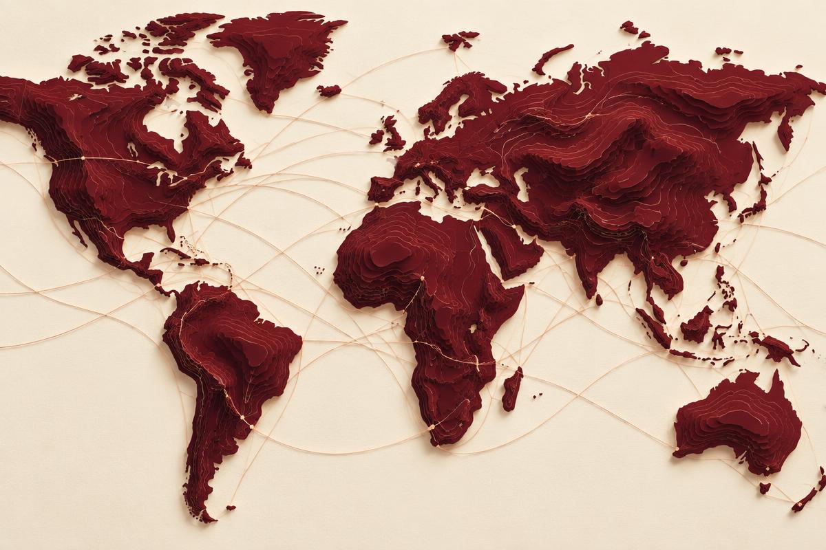 Layered regional map with connected cross-border routes