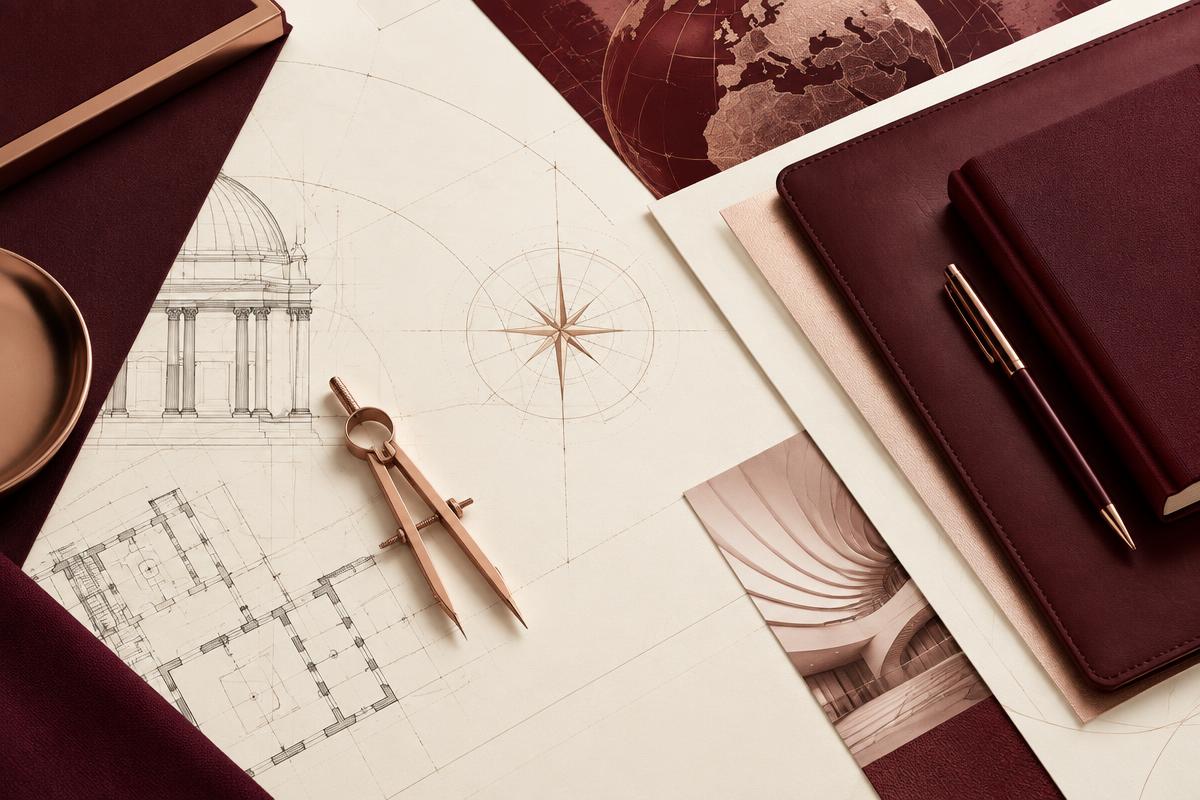 Architectural planning studies arranged around a rose-gold compass