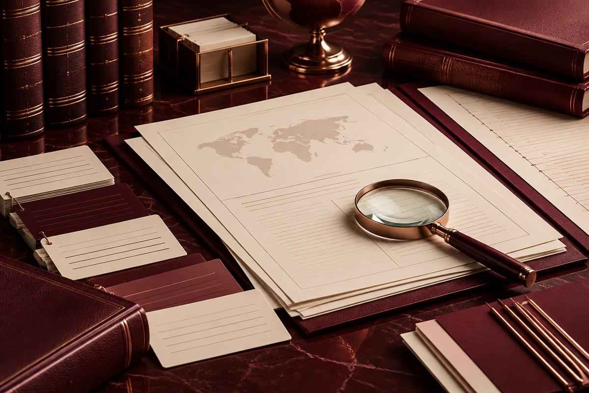 Research papers, source panels and a magnifying glass